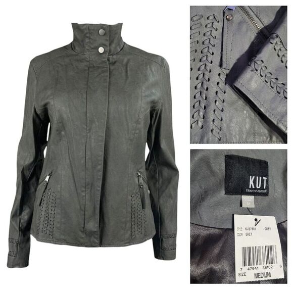 Kut From the Kloth Gray Faux Leather Moto Jacket Women's M NEW- Whipstitch Solid - Picture 1 of 11